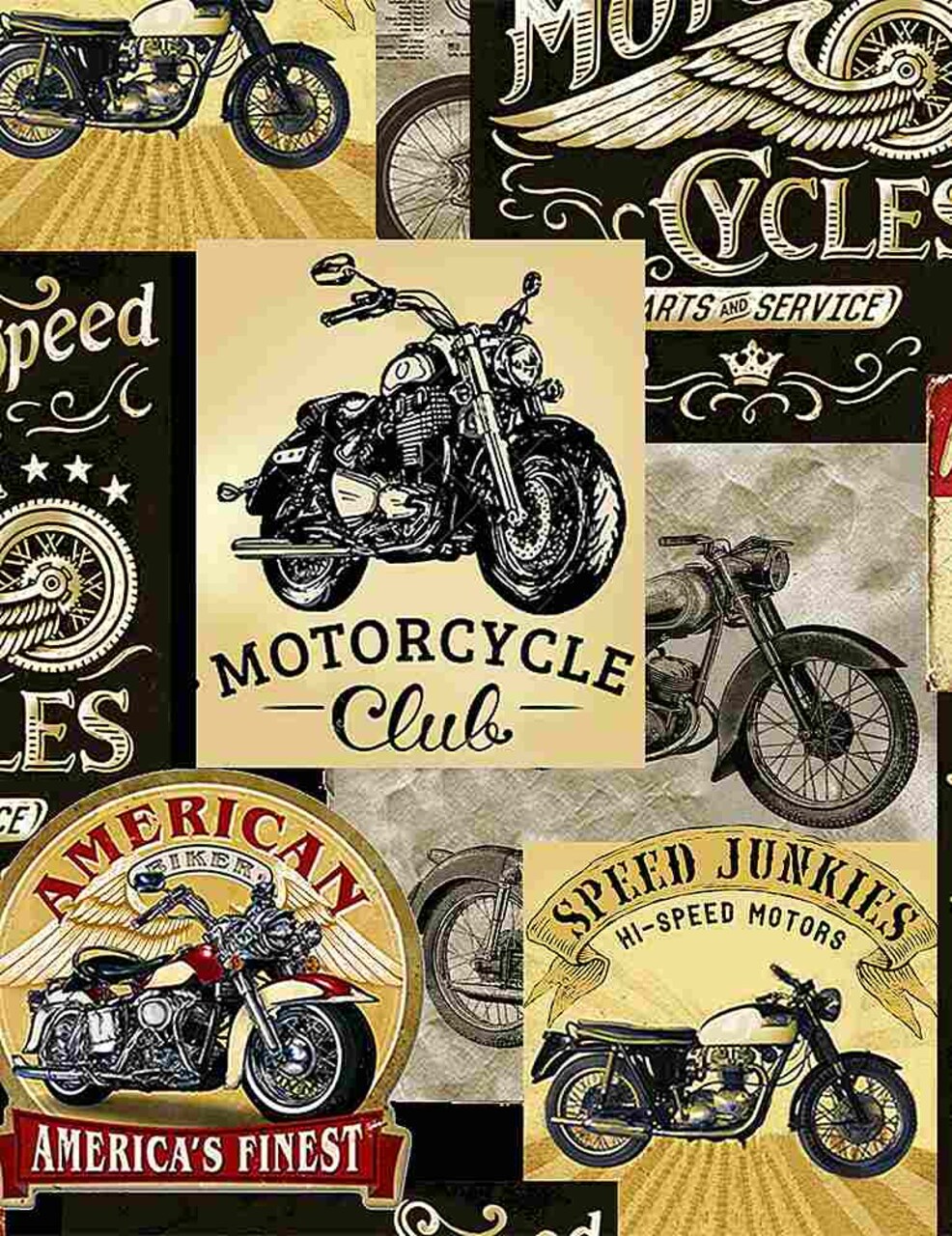Fabric Timeless Treasures Packed Vintage Motorcycle Signs by the Quarter Yard FUN-CD8049